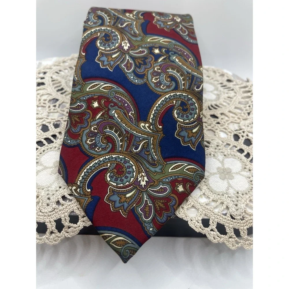 Christian Dior 100% Silk Red Tan‎ & Black Paisley Print Men's Tie